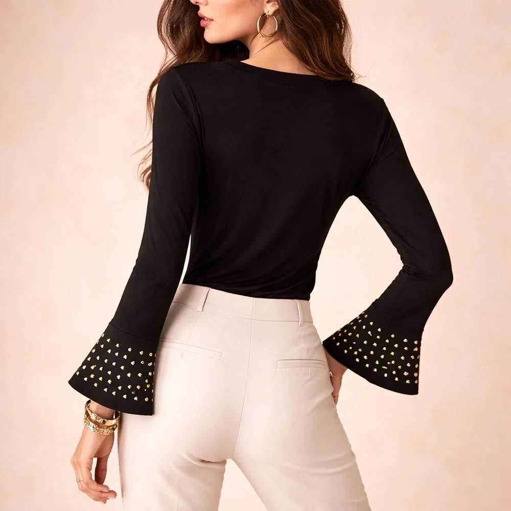 Michael Kors Black Long Sleeve Top with Gold Accents